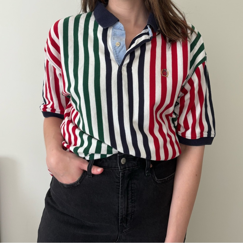 Vintage Y2K Tommy Hilfiger Striped Polo Shirt Top Crest Multicolored 90s VTG L